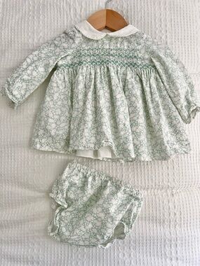 Smocked Floral Baby Dress & Bloomers in Soft Mint Green